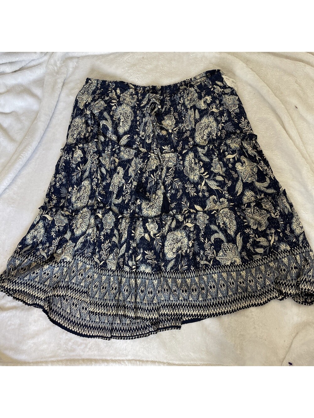 Blue Floral Boho Skirt Elastic Waist Double Ruffle Nwt Lola XL